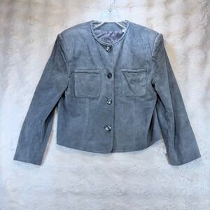 Vintage Lord & Taylor Gray Suede Leather Jacket Braided Trim Button Front Size 6